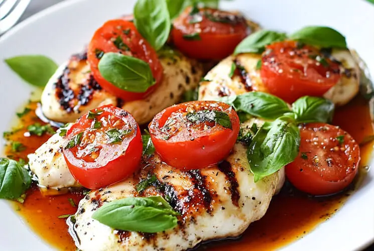 Caprese Chicken served on a white plate, featuring grilled chicken breasts topped with fresh mozzarella, sliced tomatoes, basil leaves, and balsamic glaze.