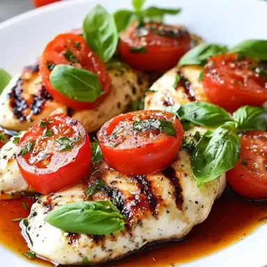Grilled Caprese Chicken breasts topped with fresh mozzarella, sliced tomatoes, and basil leaves, drizzled with balsamic glaze on a white plate.