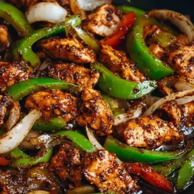 Skillet filled with stir-fried black pepper chicken, green bell peppers, and onions coated in a glossy, savory black pepper sauce.