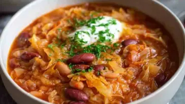 Close-up of a traditional Croatian cabbage and bean stew (Zelje i Grah) featuring red beans, sauerkraut, and sour cream, garnished with fresh parsley in a white bowl.