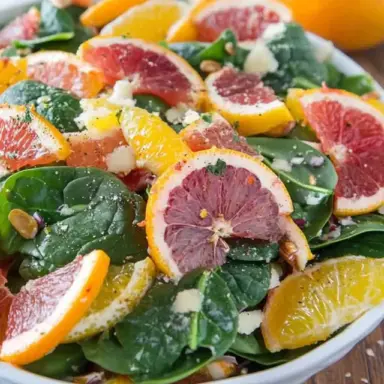 Fresh spinach salad with sliced blood oranges, navel oranges, and grapefruit, tossed with baby spinach and sprinkled with grated cheese and toasted nuts.