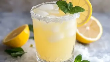 Chilled glass of sweet and salty lemonade with ice, rimmed with coarse salt, garnished with lemon, mint, and white flowers, surrounded by sea salt and lemon halves.