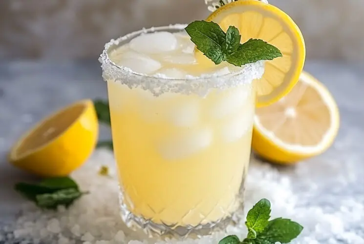 Chilled glass of sweet and salty lemonade with ice, rimmed with coarse salt, garnished with lemon, mint, and white flowers, surrounded by sea salt and lemon halves.