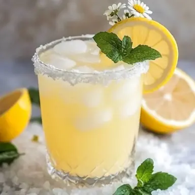 A refreshing glass of sweet and salty lemonade with ice, garnished with a lemon slice, mint leaves, and small white flowers, served in a sugar-rimmed glass surrounded by sea salt and fresh lemons.
