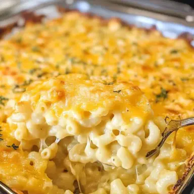 Close-up of creamy baked macaroni and cheese being scooped from a casserole dish, showing melted cheese and golden topping.