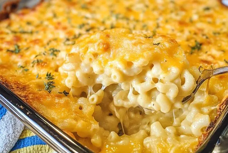 Spoonful of gooey, golden baked macaroni and cheese being lifted from a casserole dish, topped with fresh herbs and bubbling cheese.