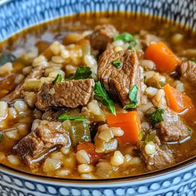 Close-up of a bowl of homemade beef barley soup filled with tender beef chunks, pearl barley, carrots, and celery, garnished with fresh parsley in a blue patterned bowl.