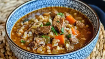 A bowl of homemade beef barley soup featuring chunks of beef, pearl barley, carrots, and parsley in a savory broth, served in a blue and white patterned bowl on a woven placemat.