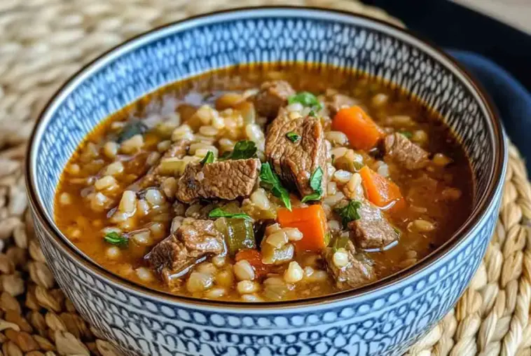 A bowl of homemade beef barley soup featuring chunks of beef, pearl barley, carrots, and parsley in a savory broth, served in a blue and white patterned bowl on a woven placemat.