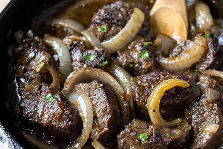 Pan-fried beef liver with caramelized onions in a dark skillet, garnished with fresh herbs and stirred with a wooden spoon.
