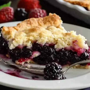 Close-up of a slice of homemade blackberry cobbler on a white plate, showing the crispy golden topping and juicy blackberry filling, with a fresh blackberry on a fork.