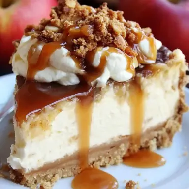Close-up slice of caramel apple crisp cheesecake topped with whipped cream, brown sugar oat crumble, and rich caramel sauce, served on a white plate with fresh apples in the background.