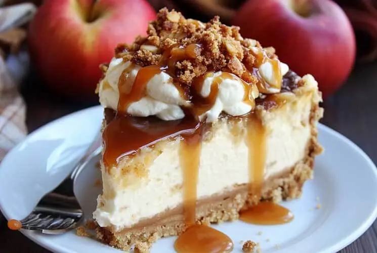 Slice of caramel apple crisp cheesecake on a white plate, topped with whipped cream, crunchy oat crumble, and thick caramel sauce, with red apples in the background.