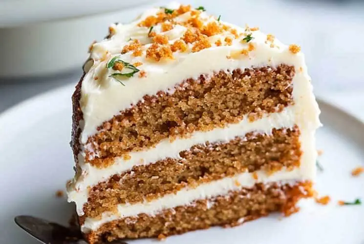 Close-up of a moist, triple-layer carrot cakes with creamy white frosting and crumbled topping, garnished with herbs on a white plate.