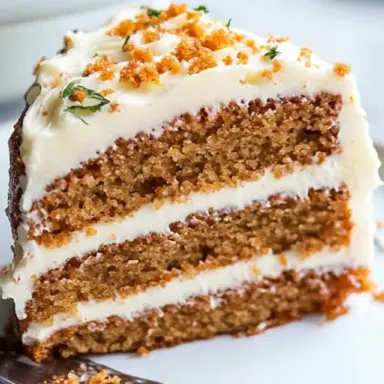 A slice of triple-layer carrot cakes topped with creamy white frosting, garnished with crumbled cake crumbs and herbs, served on a white plate with a fork.