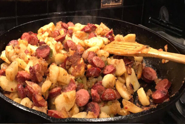 Fried Potatoes Onions And Smoked Polish Sausage