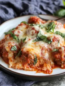 Close-up of cheesy meatball casserole on a white plate with marinara sauce, melted mozzarella, and fresh basil garnish.