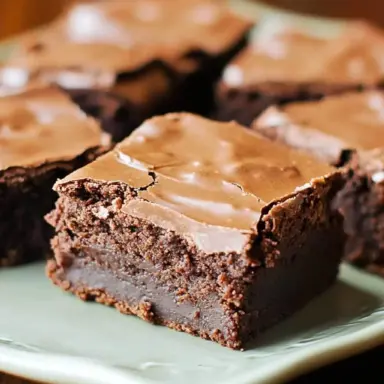 Close-up of thick, fudgy Lunch Lady Brownies topped with glossy chocolate frosting, stacked on a light green plate.