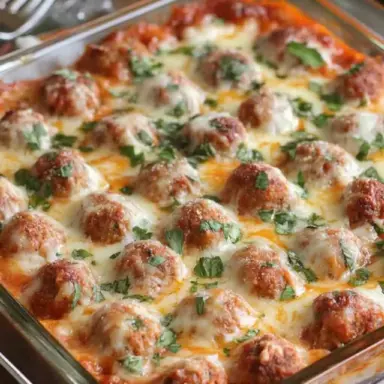 Freshly baked meatball casserole in a glass dish, topped with melted mozzarella, marinara sauce, and chopped parsley – the perfect comfort food dinner.