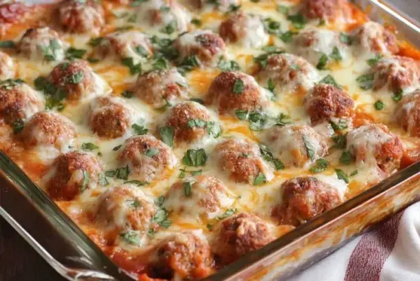 Cheesy baked meatball casserole fresh out of the oven, topped with marinara, mozzarella, and chopped parsley in a glass baking dish.