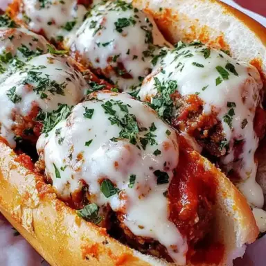 Close-up of a toasted hoagie roll filled with marinara-covered meatballs topped with melted mozzarella cheese and garnished with parsley.
