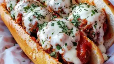 Overhead view of a toasted subs roll filled with six large meatballs, topped with melted mozzarella cheese and sprinkled with chopped parsley