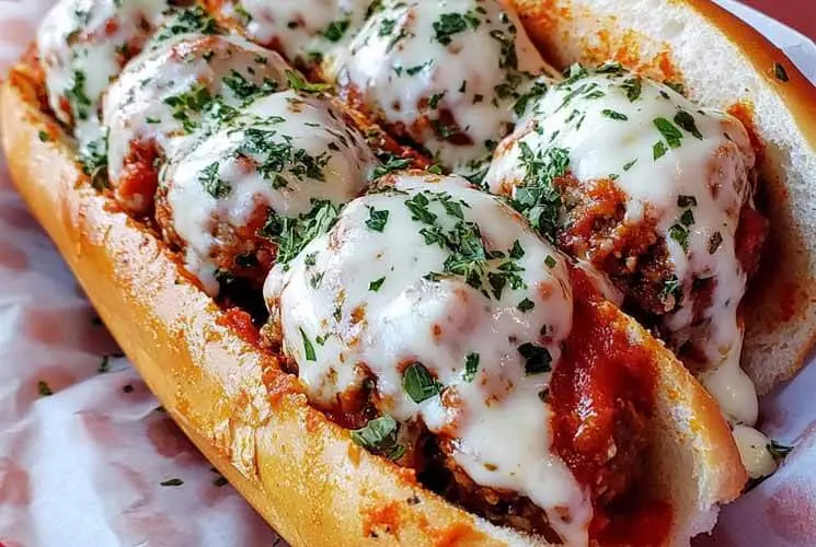 Overhead view of a toasted subs roll filled with six large meatballs, topped with melted mozzarella cheese and sprinkled with chopped parsley