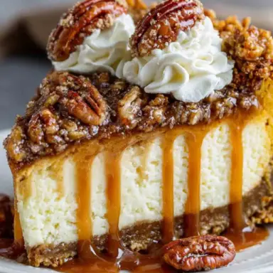 A close-up slice of pecan pie pumpkin cheesecake with a buttery crust, gooey pecan filling, creamy cheesecake center, caramel drizzle, whipped cream, and candied pecans on top.