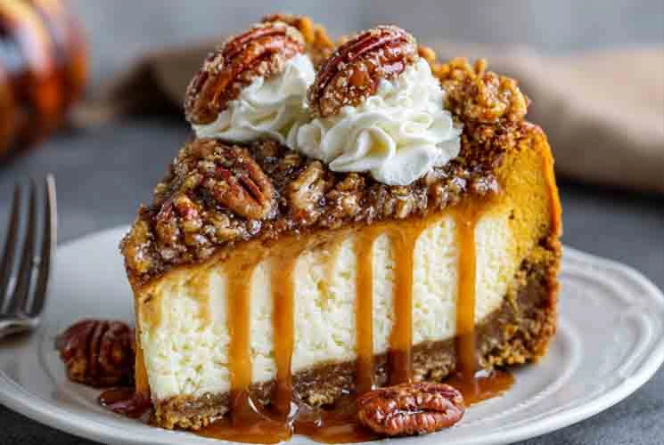 Slice of pecan pie pumpkin cheesecake topped with caramel sauce, whipped cream, and candied pecans, served on a white plate with a fork on the side.
