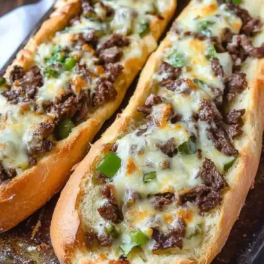 Two loaves of Philly Cheesesteak Bread stuffed with seasoned steak, green peppers, onions, and melted cheese on a baking sheet, ready to be served.