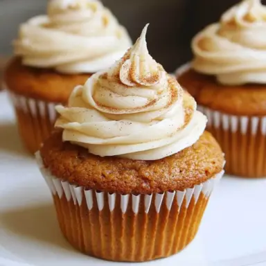Close-up of moist pumpkin pie cupcakes topped with swirled cinnamon whipped frosting, served in white paper liners on a cake stand.