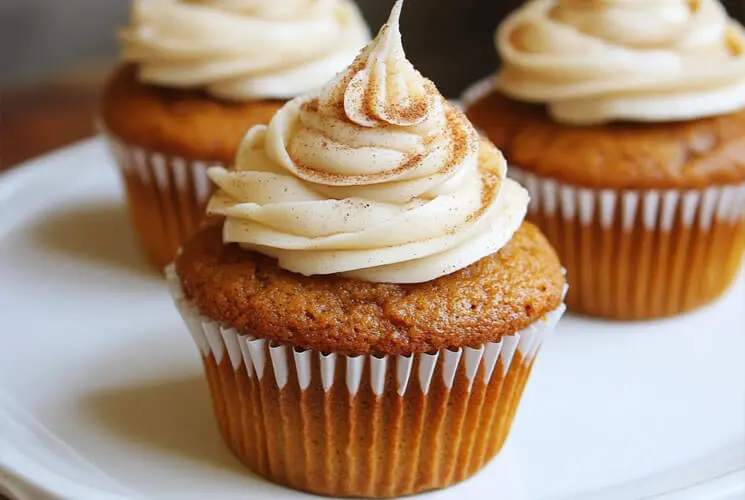 Mini pumpkin pie cupcakes with creamy cinnamon frosting, served in white liners—perfect for Thanksgiving dessert tables or fall parties.