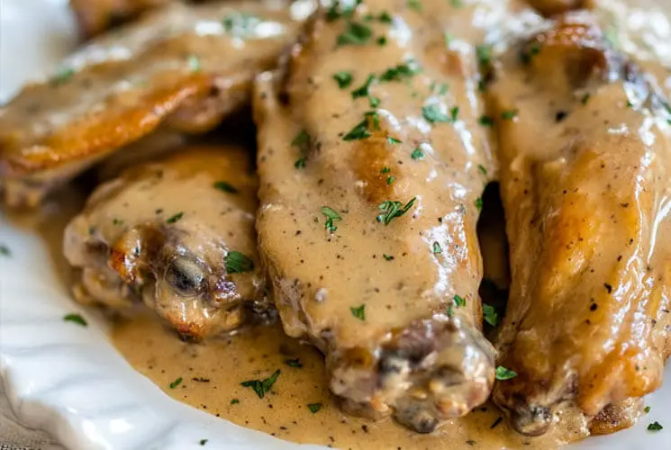 Plate of smothered turkey wings slow-cooked in creamy brown gravy and sprinkled with fresh parsley, served on a white dish.
