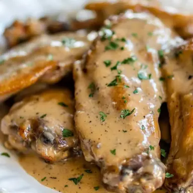 Close-up of slow cooker smothered turkey wings covered in creamy brown gravy and garnished with chopped parsley on a white plate.