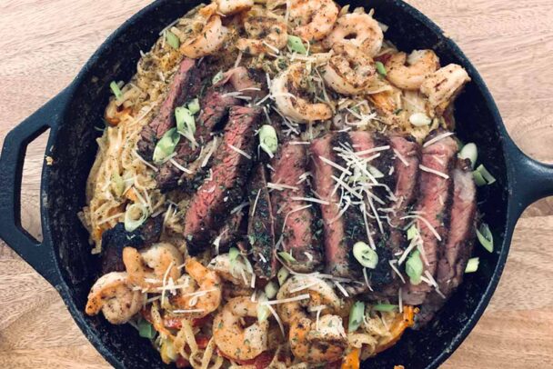 Steak and Shrimp Pesto Sauce Linguini