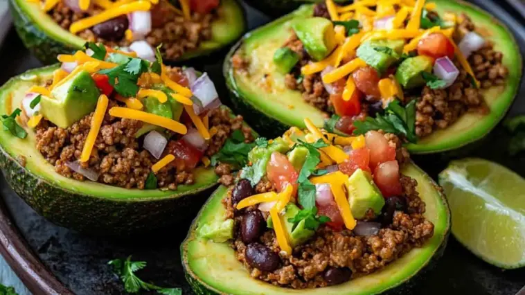 Five avocado halves filled with taco-seasoned ground beef, black beans, diced tomatoes, red onion, fresh cilantro, and shredded cheddar cheese, served with lime wedges on a dark tray.