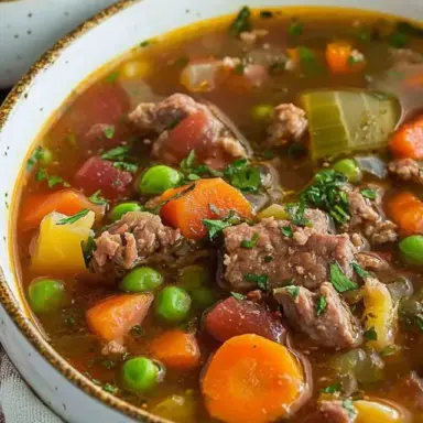 Close-up of a bowl of classic vegetable beef soup with chunks of beef, carrots, peas, potatoes, celery, and tomatoes in a rich, savory broth, garnished with parsley.