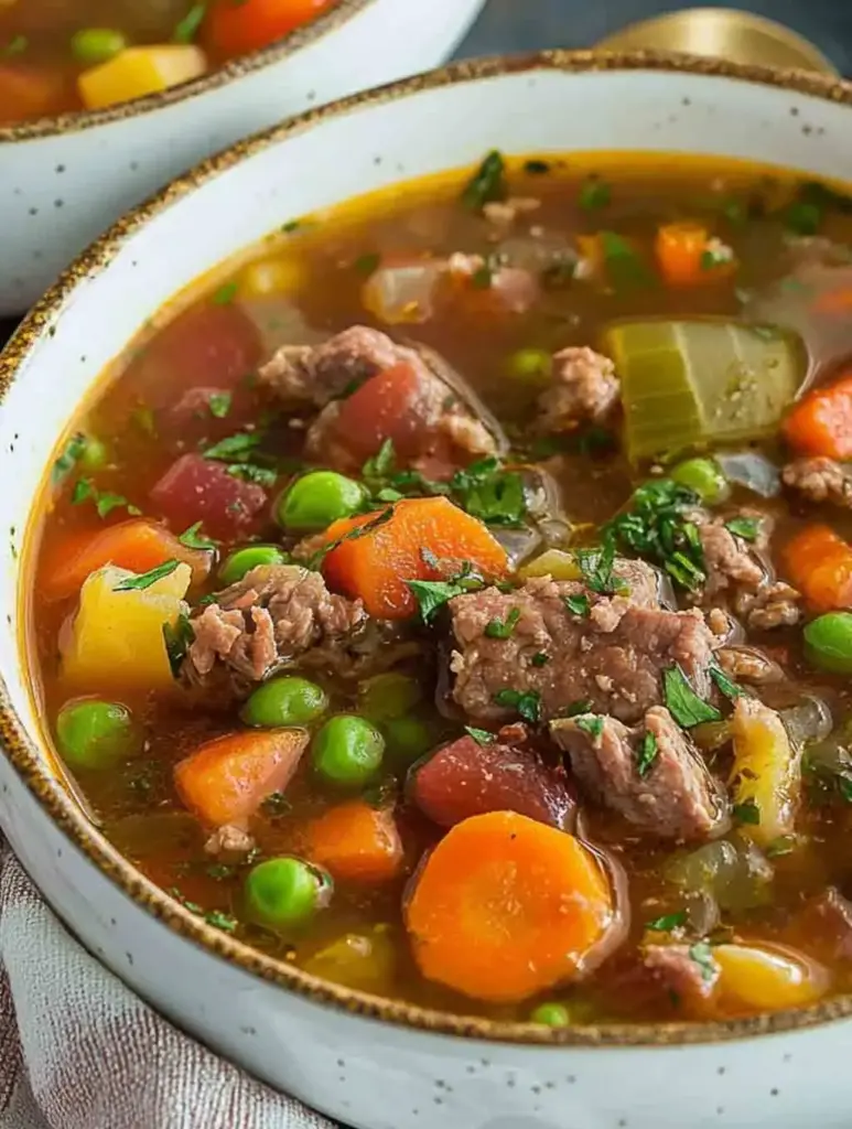 Close-up of a bowl of classic vegetable beef soup with chunks of beef, carrots, peas, potatoes, celery, and tomatoes in a rich, savory broth, garnished with parsley.