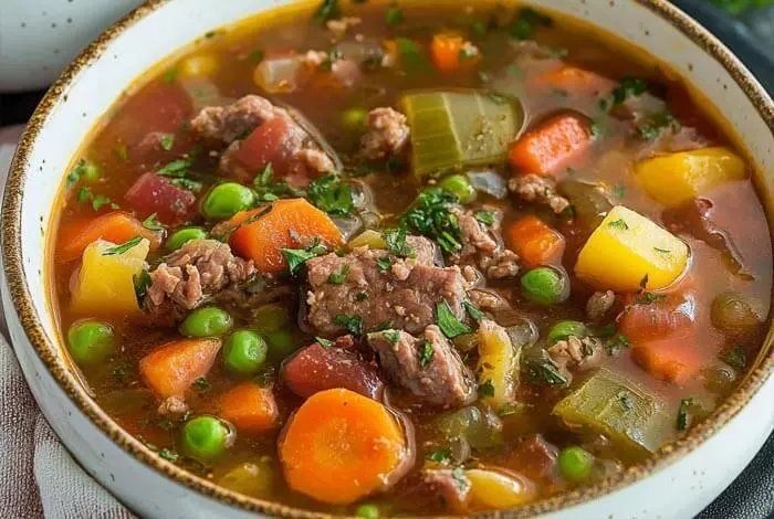 A bowl of hearty vegetable beef soup filled with tender chunks of beef, carrots, potatoes, peas, green beans, and a rich tomato-based broth, garnished with fresh herbs.