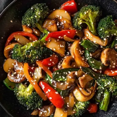A bowl of colorful vegetable stir fry featuring broccoli, bell peppers, mushrooms, onions, and carrots, garnished with sesame seeds and coated in a glossy homemade sauce.