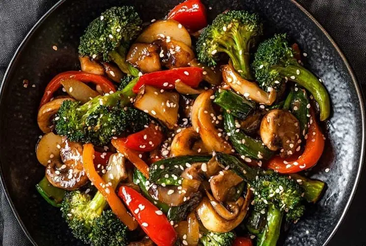 Top-down view of a vegetable stir fry in a black bowl, featuring broccoli, red bell peppers, mushrooms, carrots, and green onions, sprinkled with sesame seeds.