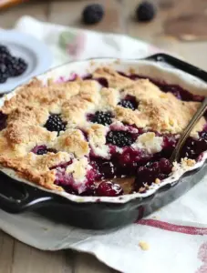 Golden-topped blackberry cobbler baked in a rustic dish, filled with bubbling berries and served warm – the perfect Southern-style summer dessert.