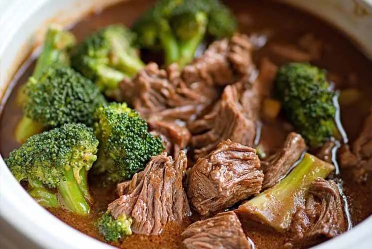 Slow cooker beef and broccoli in a white crockpot, featuring shredded tender beef and bright green broccoli florets in a rich brown sauce.