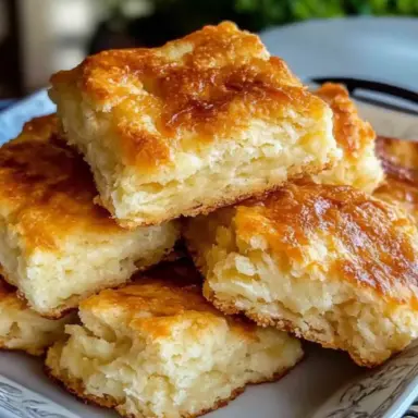 Close-up of golden Butter Swim Biscuits stacked on a plate, showing their crispy, buttery edges and fluffy, tender interior.