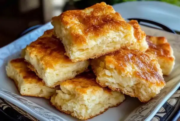 A stack of golden-brown Butter Swim Biscuits on a decorative plate, with crispy edges and soft, fluffy centers, freshly baked and ready to serve.
