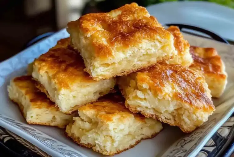A stack of golden-brown Butter Swim Biscuits on a decorative plate, with crispy edges and soft, fluffy centers, freshly baked and ready to serve.