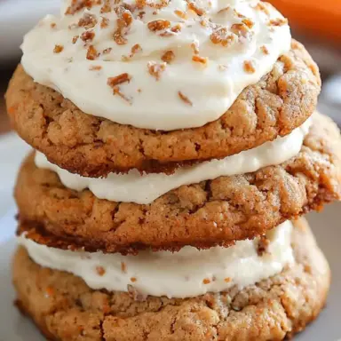 Close-up of stacked carrot cake cookies with cream cheese frosting, topped with chopped nuts, showcasing a soft, chewy texture and rich creamy layers.