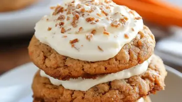 Stack of frosted carrot cake cookies with cream cheese frosting and chopped nuts, showing their soft, spiced texture and creamy topping on a white plate.