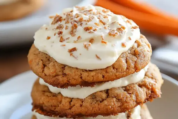 Stack of frosted carrot cake cookies with cream cheese frosting and chopped nuts, showing their soft, spiced texture and creamy topping on a white plate.