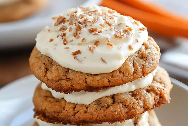 Stack of frosted carrot cake cookies with cream cheese frosting and chopped nuts, showing their soft, spiced texture and creamy topping on a white plate.